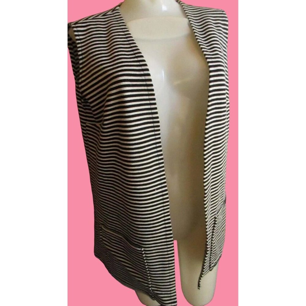 Vintage Large Vest Sleeveless 70's Black  White Striped Open Front Womens Groovy